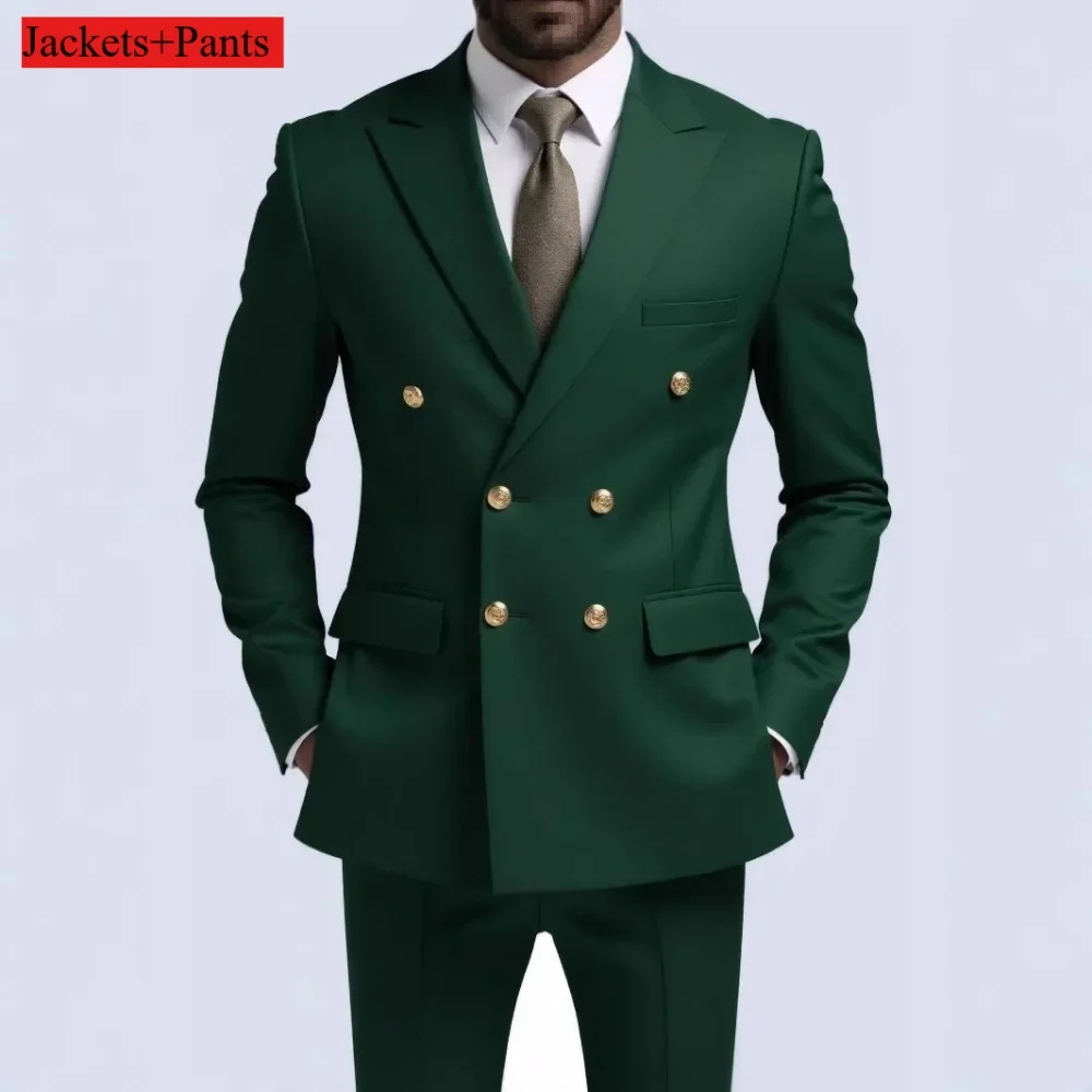 Terno duplo breasted masculino fino ajuste preto de alta qualidade festa casamento dança ouro abotoado terno formal traje masculino