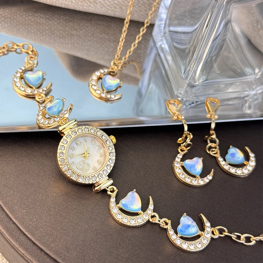 3pcs/set Romantic Women Jewelry Gifts Luxury Rhinestone Heart Moon Bracelet Wristwatches Earrings Necklace Christmas Gifts
