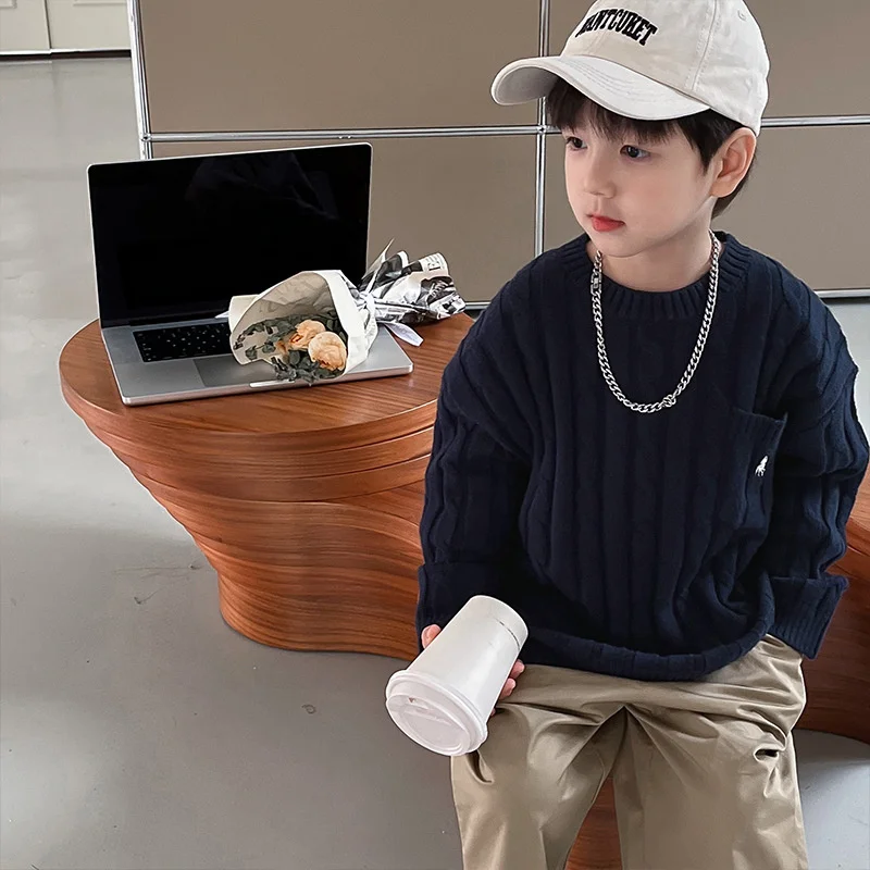 Boys Woolen Sweater Crochet Cotton Windbreak 2023 Solid Thicken Autumn Winter Pullover Outwear Children\'s Clothing