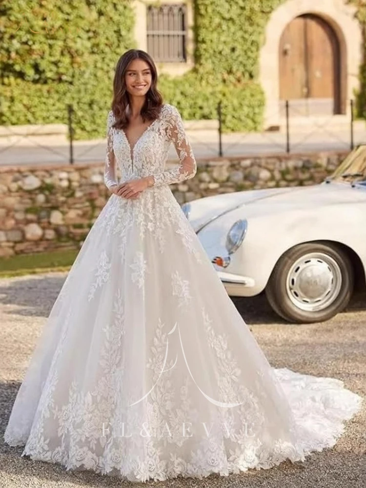 FL&AEVVE ディープ V ネック レース ウェディング ドレス エレガント A ライン ブライダル ガウン カスタマイズされたフォーマル パーティー ローブ 花嫁用