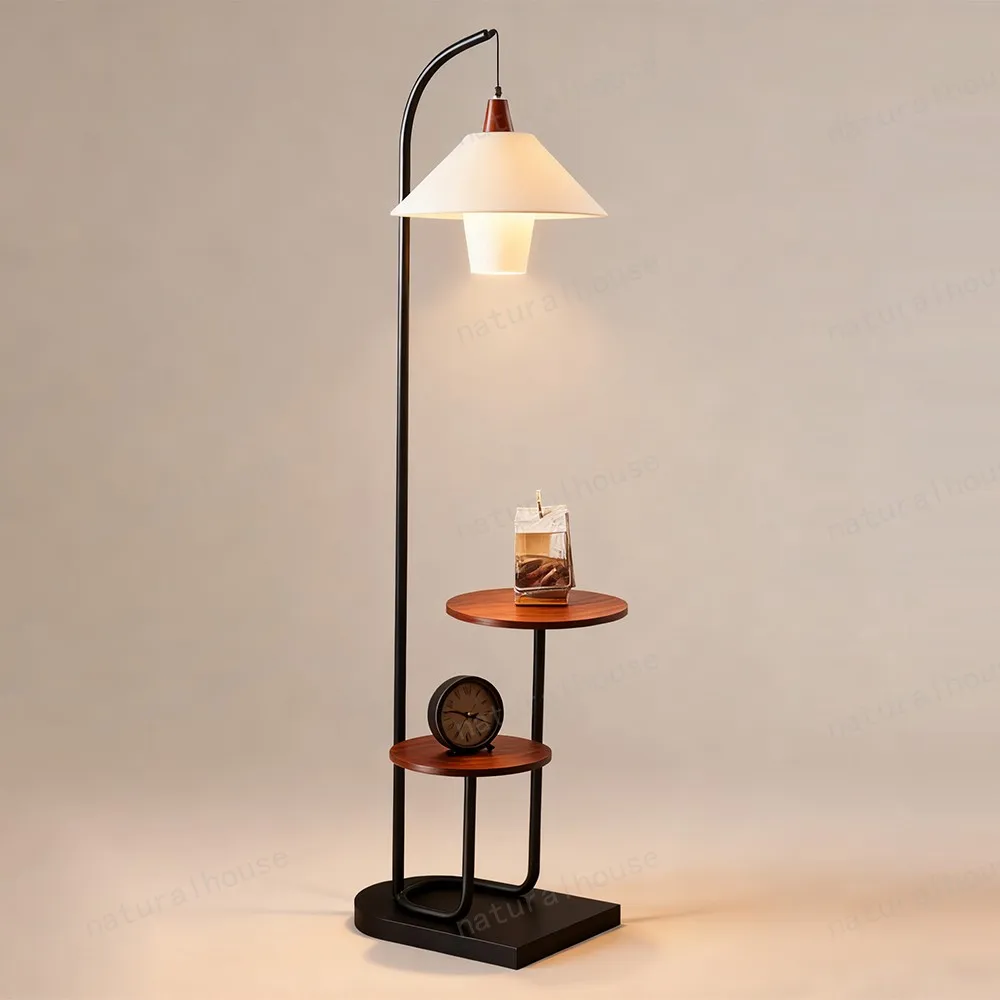 Wholesale Factory Price Wooden and Metal Standing Floor Lamp with Shelves and Fabric Shade for Living Room Bedroom Bedside