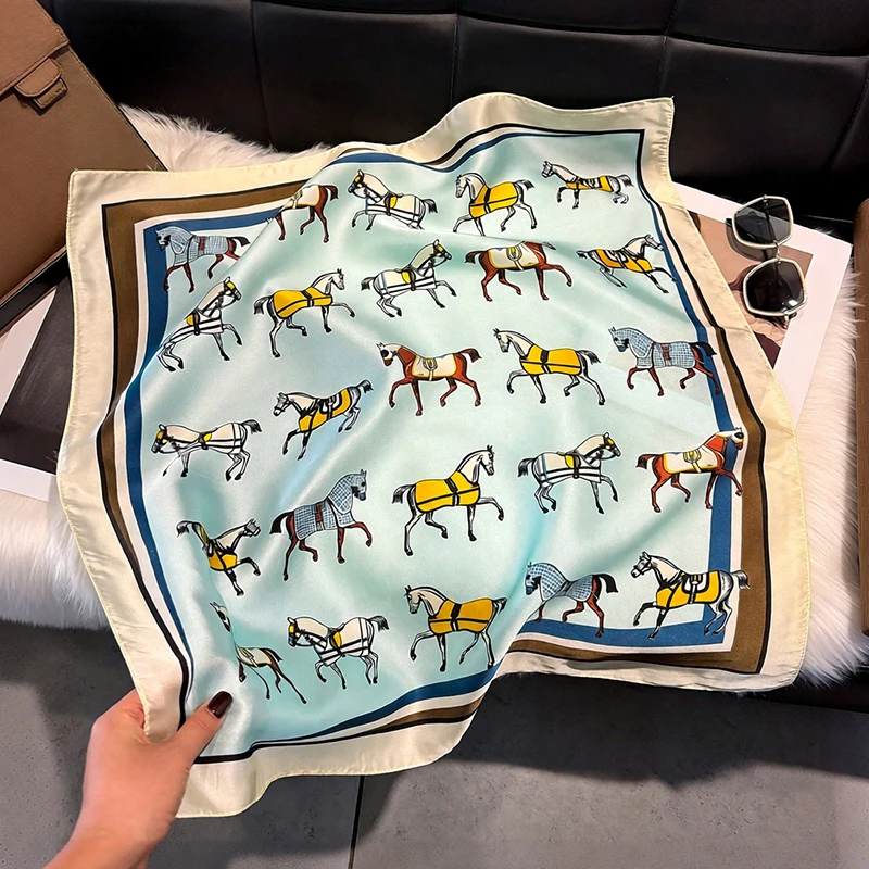 Neuer 70cm Damen-Haarschal, Seiden-Quadrat-Kopftuch für Frauen, Bandana, Modischer Foulard-Schal, Damen-Halstuch für den Sommer – Detail 3