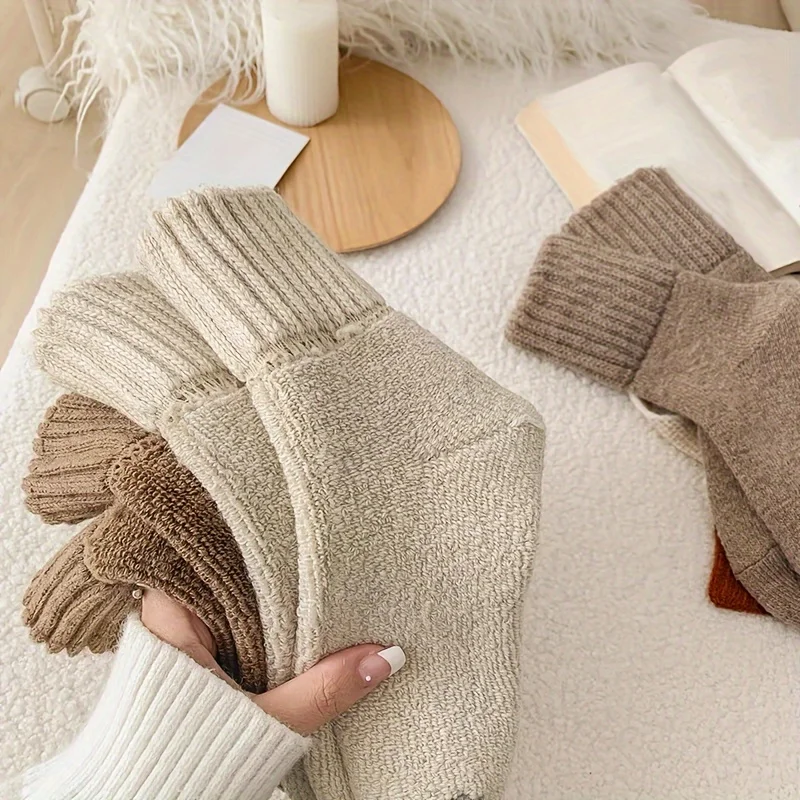 

5pcs Cozy Thick Terry Winter Socks for Women, Mid-Calf Warm Snow Socks in Beige & Brown, Solid Color, Perfect for Cold Weather