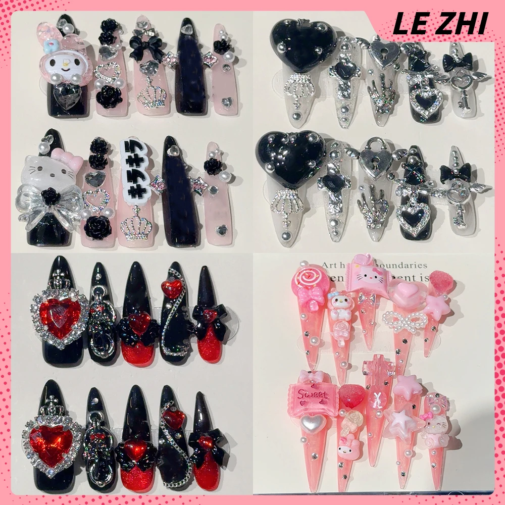 

Spice Girl Hello Kitty My Melody Long Coffin Stiletto Handmade Fake Nail Cartoon Bear Rabbit Diamond Chain Bow Flowers Fake Nail