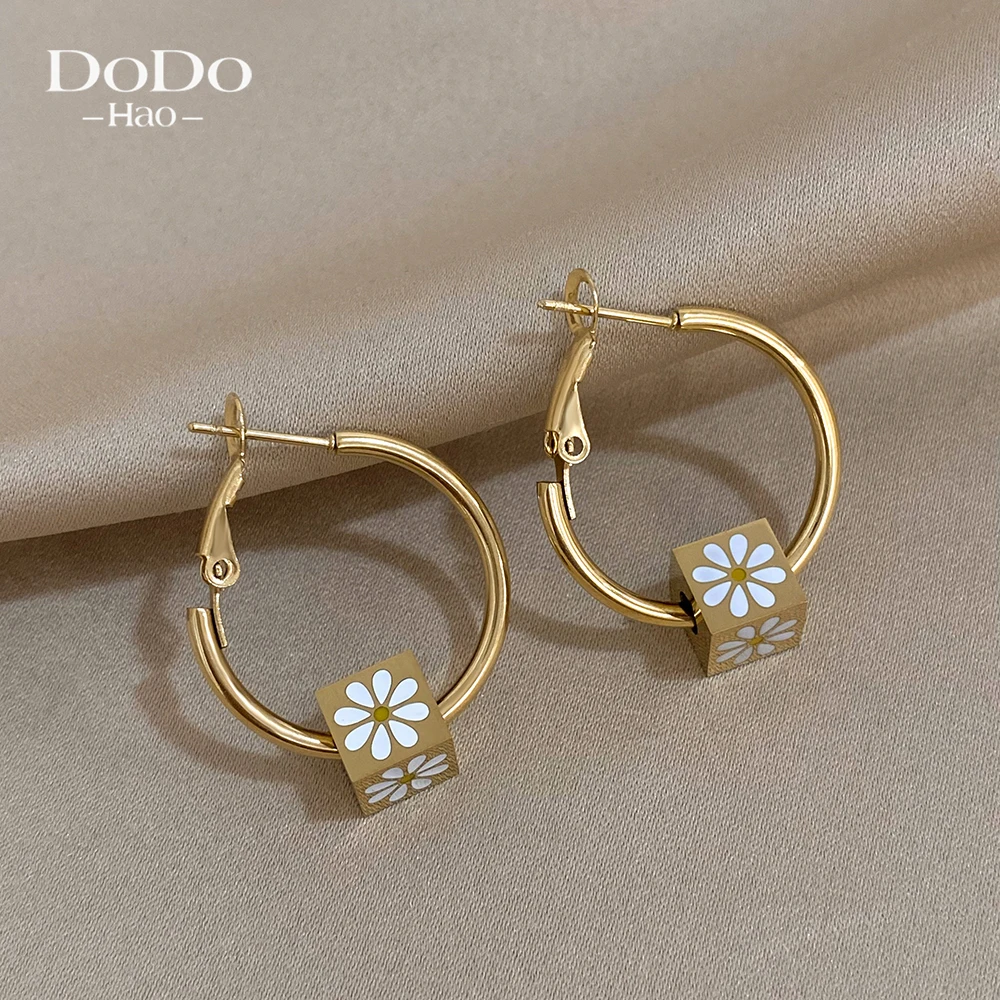 DODOHAO Square Cube Flower Pendant Circle Hoop Earrings for Women Luxury Stainless Steel Earring 2023 Trend Wedding Jewelry