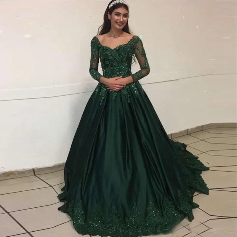 Customized Dark Green Prom Dresses Long Sleeves V-neck Appliques Beaded Satin Evening Dresses New Vestidos  Formal Party Gowns