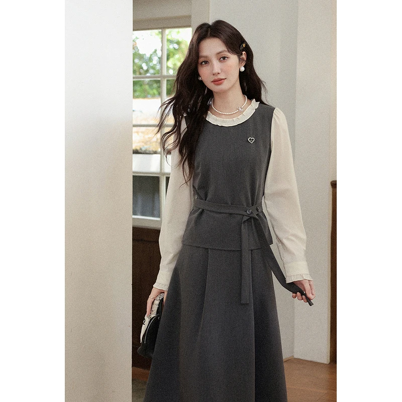 

ALXNAN Long Dress Gray White Splicing Fake Two-piece Long Sleeve Women's Dresses 2025 Fall Office Lady Casual Dress DYL662090