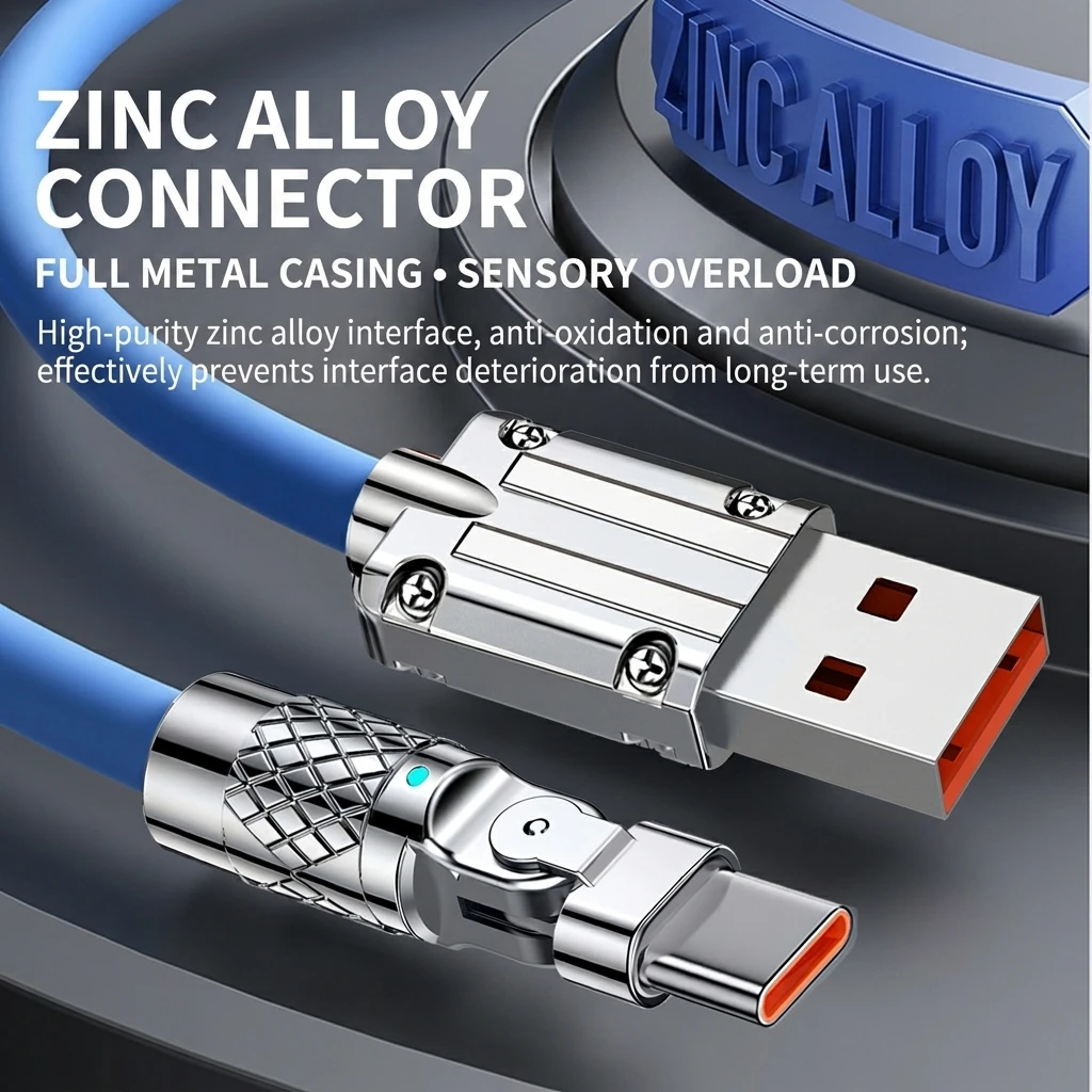 180 Degree Rotating 120W Fast Charge Cable Zinc Alloy Silicone 6A USB Type C Micro USB Data Cable for Phone Computer