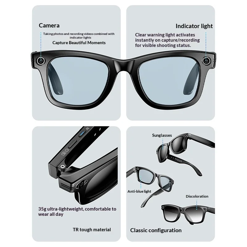 2025 Model 800W Pixel AI-powered High-definition Photography, Video Recording, Voice Call Translation Glasses