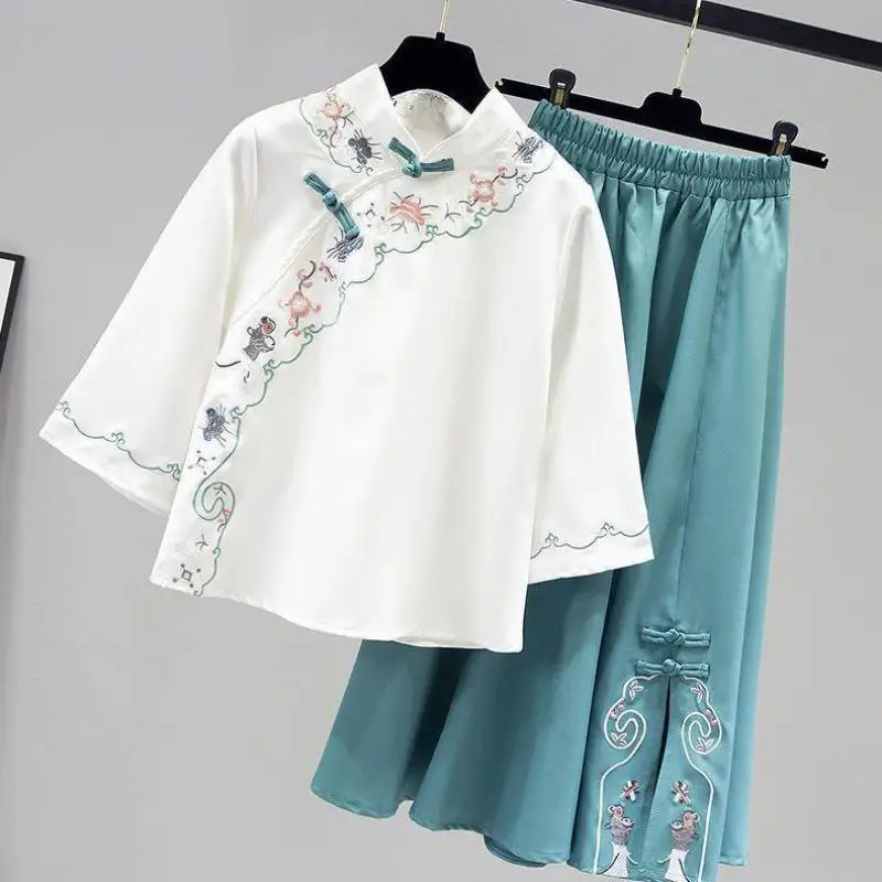 Fato elegante bordado com saia e top hanfu para mulheres, conjunto de duas peças, borboleta, doce, tamanho grande, hanfu, verão, novo