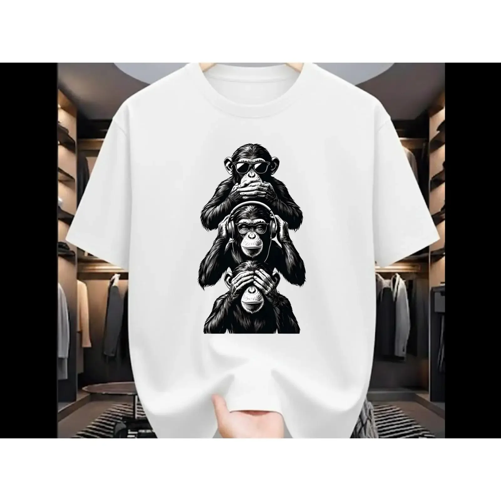 Three Wise Monkeys T Shirt Hand Inked Chimp Art vintage Washed Unisex Stretched Top For Everyday Wear Casual homme Versatile