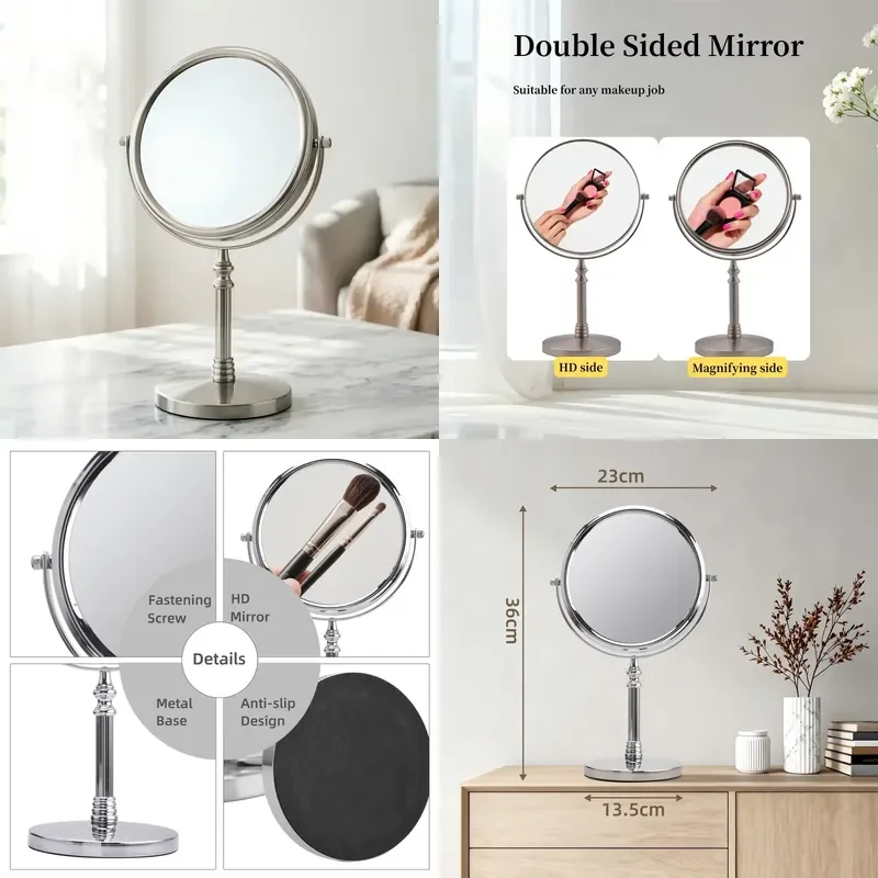 Classic Silver Desktop Makeup Mirror 360 Degree Rotating Stand Double Sided 1X 3X Magnifying Glass Metal Material