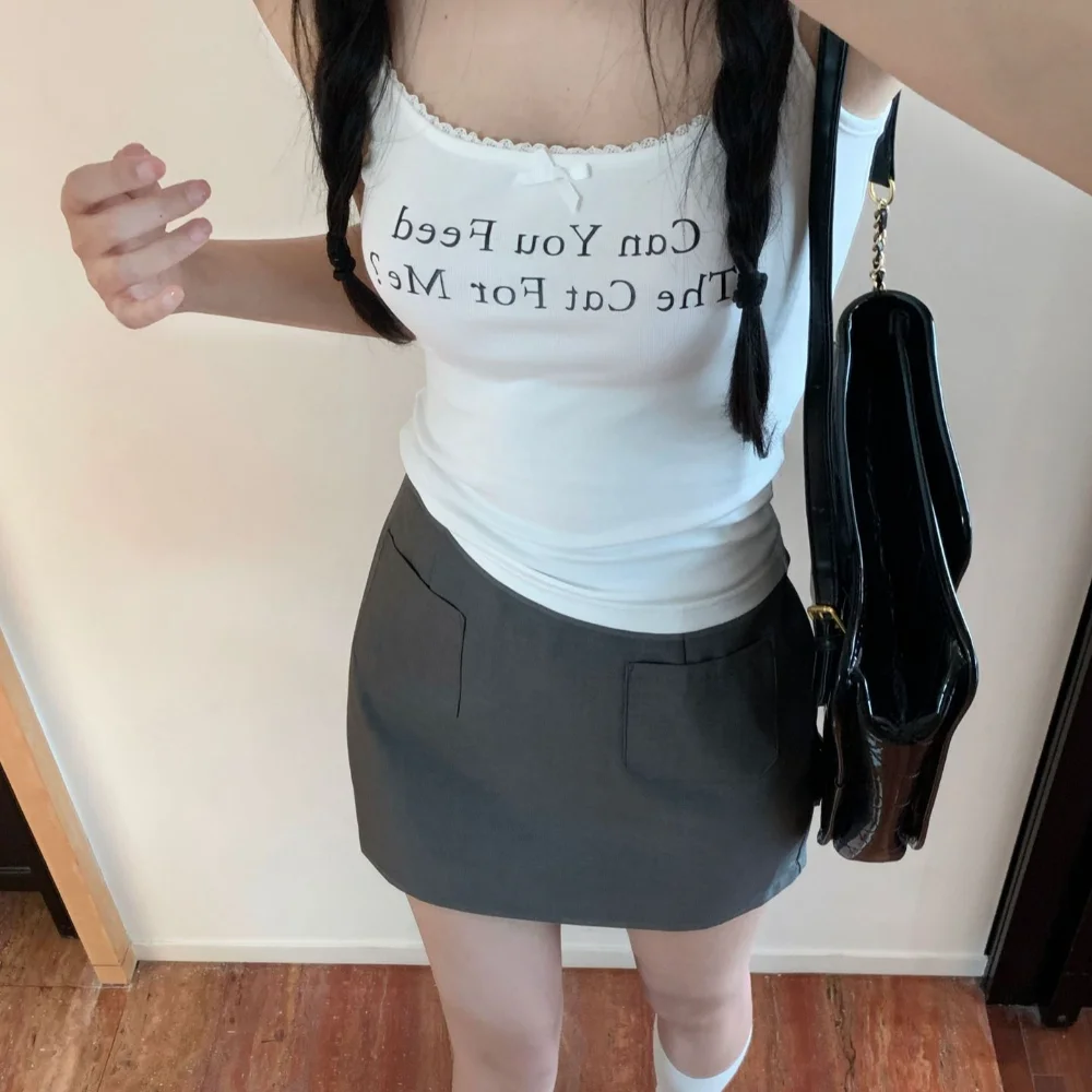 Fashion Lace Alphabet Print Suspenders Sleeveless Streetwear Small Lace Base Vest Patchwork Cami Shirts Women