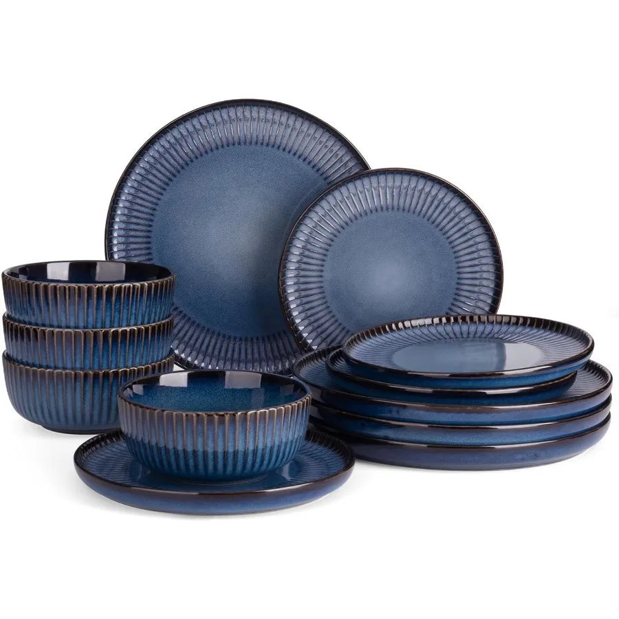 Starlight Dinnerware Sets Plates and Bowls Dish Set of 4 12 Pieces for Home Dining Ribbed Textured Tableware with Stylish Starr