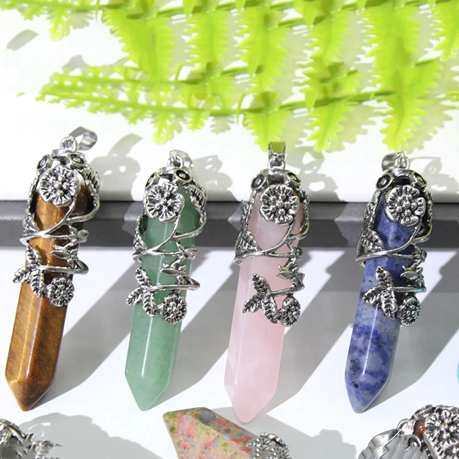 6 خمر سبائك زهر البرقوق الحجر الطبيعي سداسية العمود المعلقات DIY بها بنفسك شقرا مجوهرات و البندول اكسسوارات بالجملة