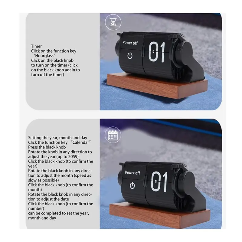 A08R~ Battery Operated Vintage Flip Clock Mechanical Automatic Page Turning Clock With Wood Base For Living Room Office