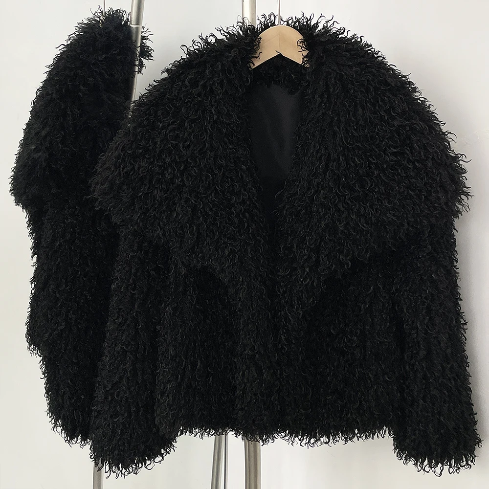 New Autumn Winter Clothes Women Fashion Big Collar Artificial Mongolia Sheep Fur Jacket Luxury Faux Fur Coat Fake Fur Overcoat