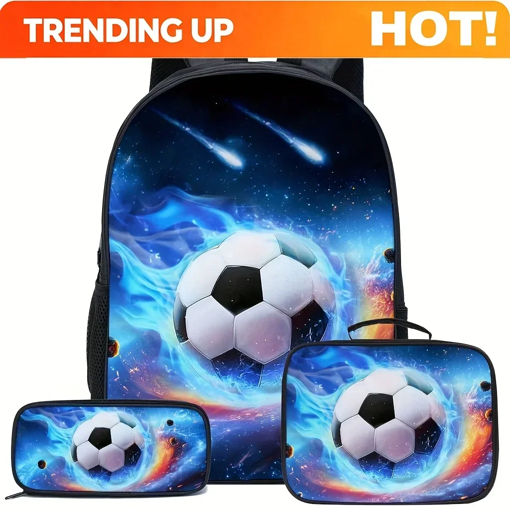Custom Bag Fashion Soccer Print Pattern Black Backpack 3pcs Set, Large Capacity Backpack., For Teenager, For Teenager