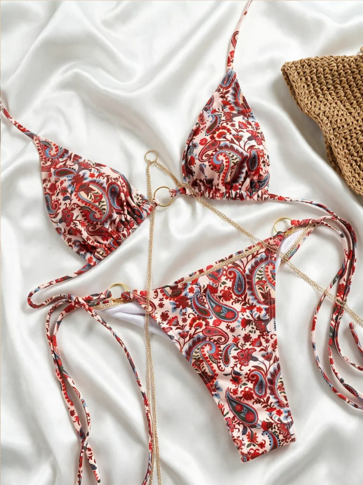 Pink Triangle Swimsuit Bandage Bikini Floral Print Bikini String Swimwear Halter Swimsuits Two-Piece Beachwear