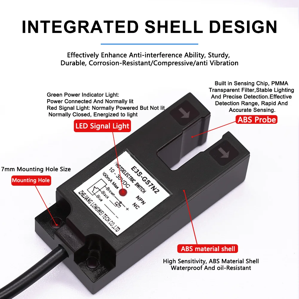 Cloweit PhotoElectric Adjustable Infrared Sensor Switch Detection 7mm Through Beam Groove U-shaped ABS DC12V 24V E3S-GS7 NPN PNP