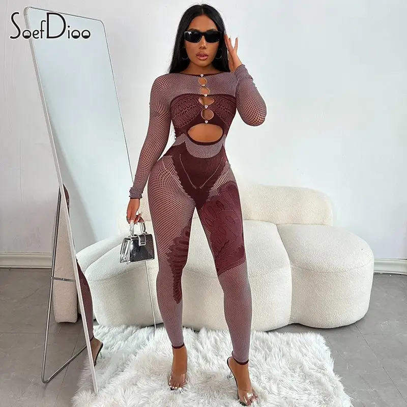 Soefdioo Mesh Hollow Out Rhinestone Jumpsuits Women Sexy O-Neck Body-Shaping See Through One Piece Rompers 2024 Fall Clubwear