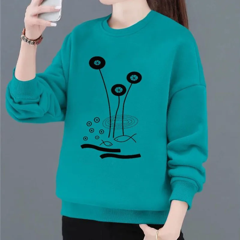 Autumn Winter Fashion Women\'s Thick Printed Round Neck Sweatshirts Casual Long Sleeve All-match Pullovers Tops Female Clothing