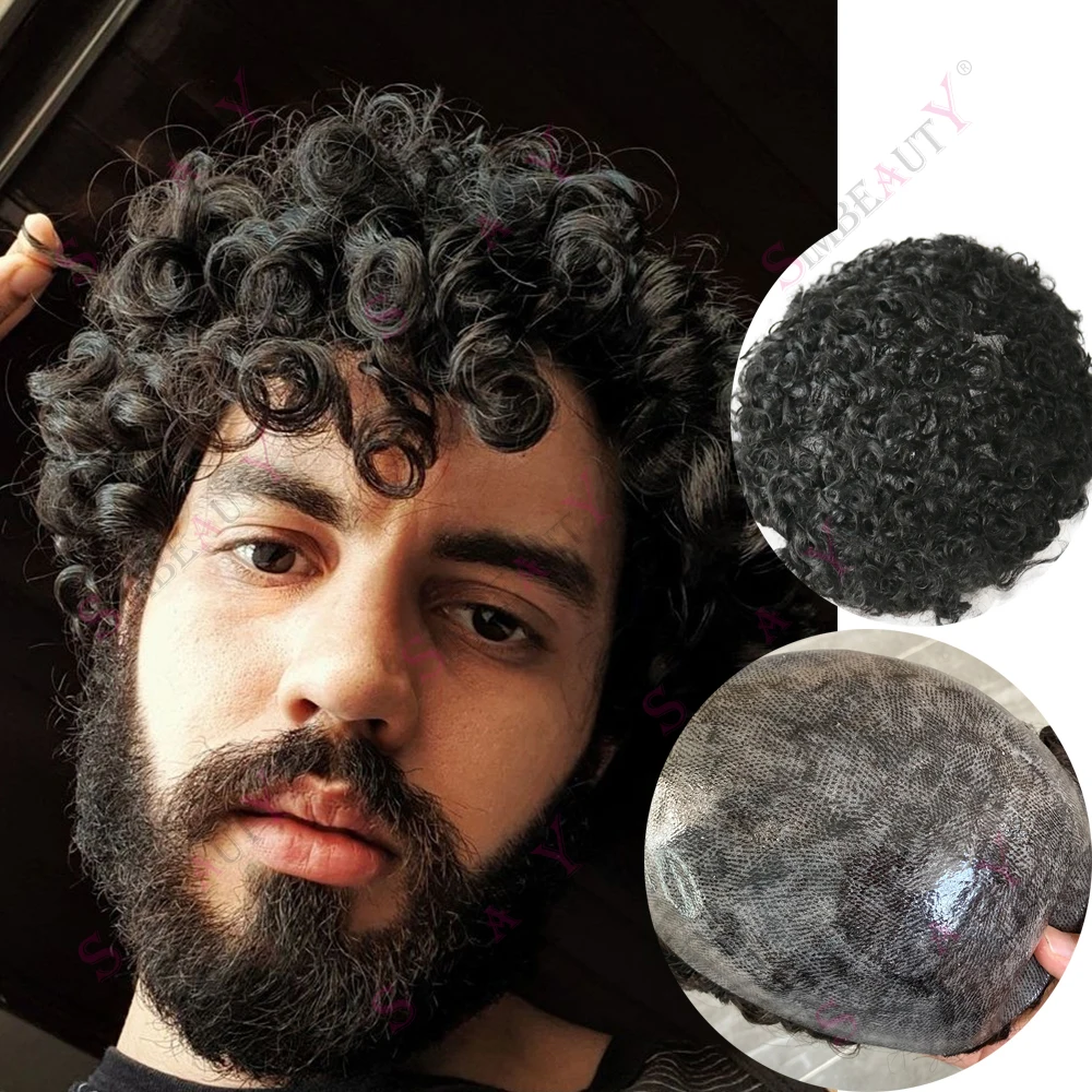 

Супер прочный полный афро-мужской парик из искусственной кожи, 18 мм, вьющиеся, 100% человеческие волосы, капиллярный протез, мужская система 1B50 1B10, серо-коричневый шиньон