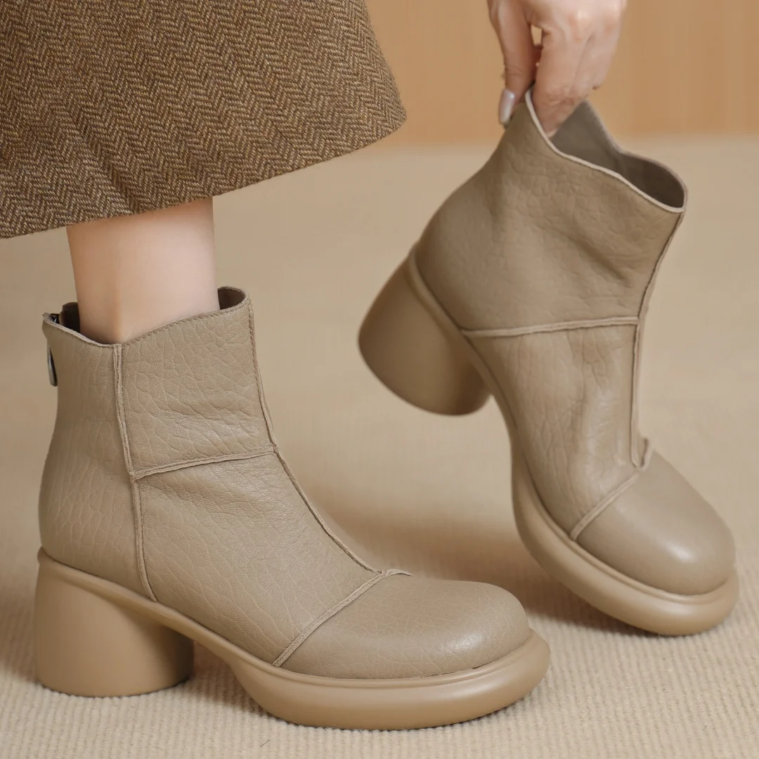 Botines de piel de oveja con punta redonda y cremallera trasera para mujer, botines de otoño con plataforma de tacón grueso de 6,5 cm, botines cortos punk para mujer, zapatos calientes