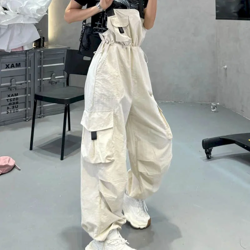 

Solid Jumpsuits Women Vintage Korean Style Rompers One Piece Outfit Casual Loose Workwear Drawstring Waist Parachute Cargo Pants