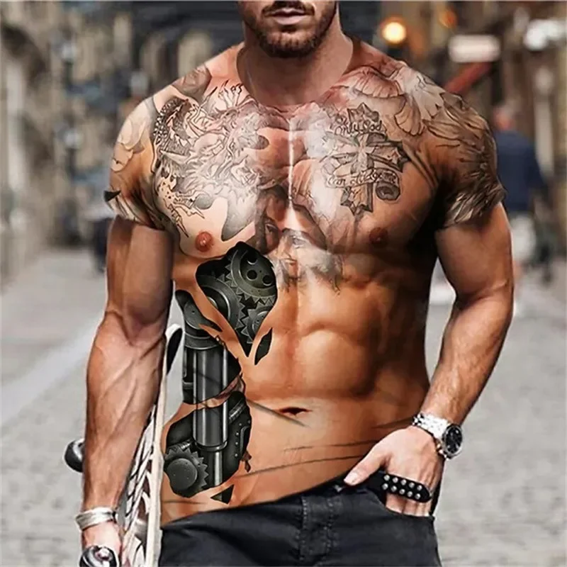 

Interesting summer new muscle fitness bronze muscle tattoo men's t-shirt 3D printing sports t-shirt fashion street men's tops