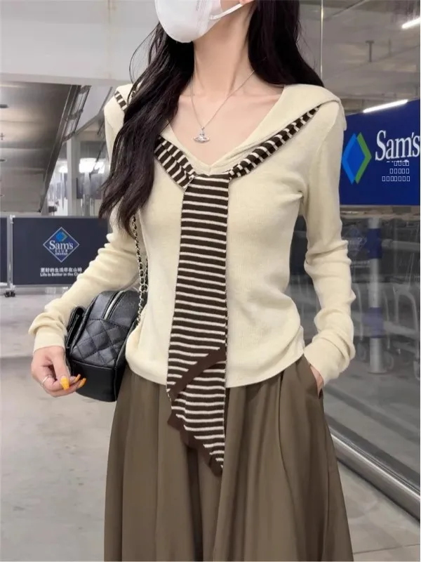 White Naval Collar Striped oulder Wrap Fake Two-Piece Long Sve Knitted irt Slim Fit Design Early Autumn New Sle M...