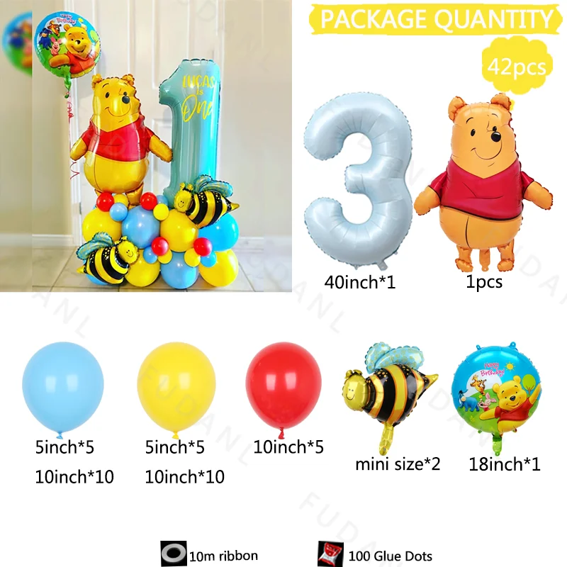 42 pièces Disney Winnie l'ourson thème bleu feuille numéro ballons mignon abeille enfants joyeux anniversaire fête Decos fournitures bébé douche cadeaux