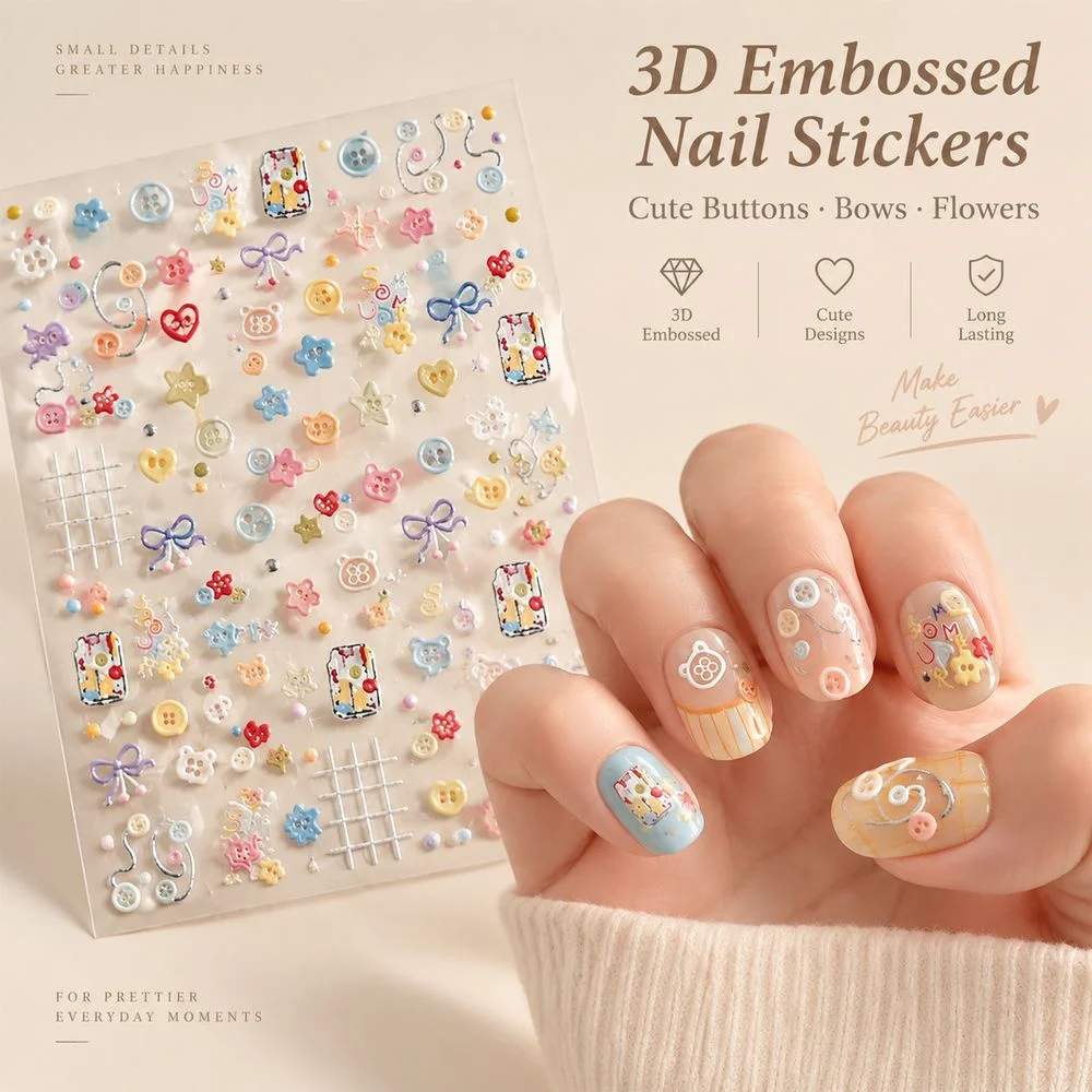 1Pc Self‑Adhesive Cute Button Nail Sticker Embossed Cartoon Bow Sewing Grid Flower Decals Sweet Summer DIY Manicure Nail Art Kit