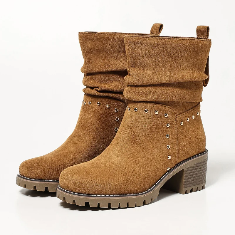 New Trend Platform Boots For Women Anti-Slip Round Toe Women's Autumn Shoes 2026 Rivet Western Boots Ladies Casual Shoes Female