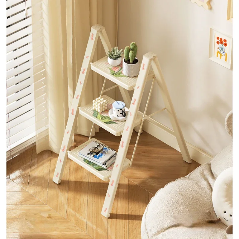 Cream Wind Light Folding Ladder Telescopic Thickened Multifunctional Ladder Bench Indoor Bedside Shelf Ladder Stool Furniture