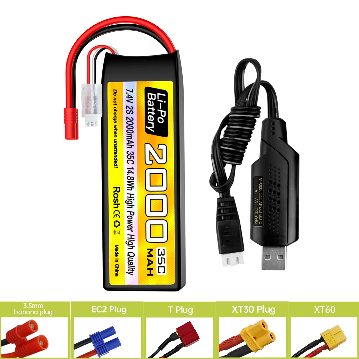 2S Lipo Battery 7.4V 2000mAh 35C With T/Banana/XT60/XT30/EC2 Plug And USB Charging Cable For RC Car,Boat,RC Quadcopter Battery