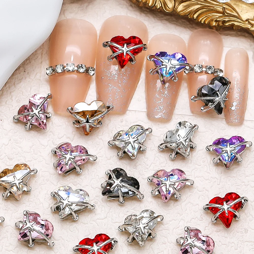 10PCS 3D Luxury Alloy Starburst Nail Love Heart Rhinestone Charms Parts For DIY Manicure Nails Decoration Accessories Supplies