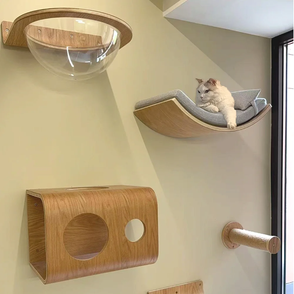 

Wall Mounted Cat Tree Tower Cat Climbing Shelves Solid Wood Scratching Post Hammock Hiding House Indoor Cats Gym Pet Furniture
