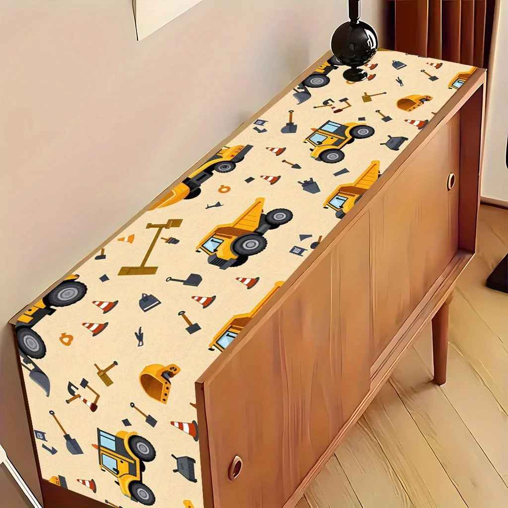 Vibrant Construction Vehicles Tools Table Runner - Cute Truck Tractor Motif Decoration for Wedding New Year Holiday Party