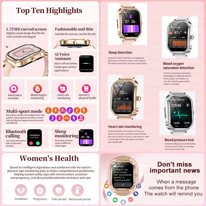 Fashion New Women Smart Watch AMOLED Curved Screen IP68 Waterproof Health Call Smartwatch For Samsung Huawei Apple Watch women