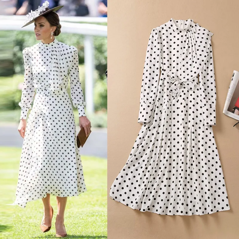 

Fashion Kate Princess White Dot Print Dress Women Long Sleeve Dresses