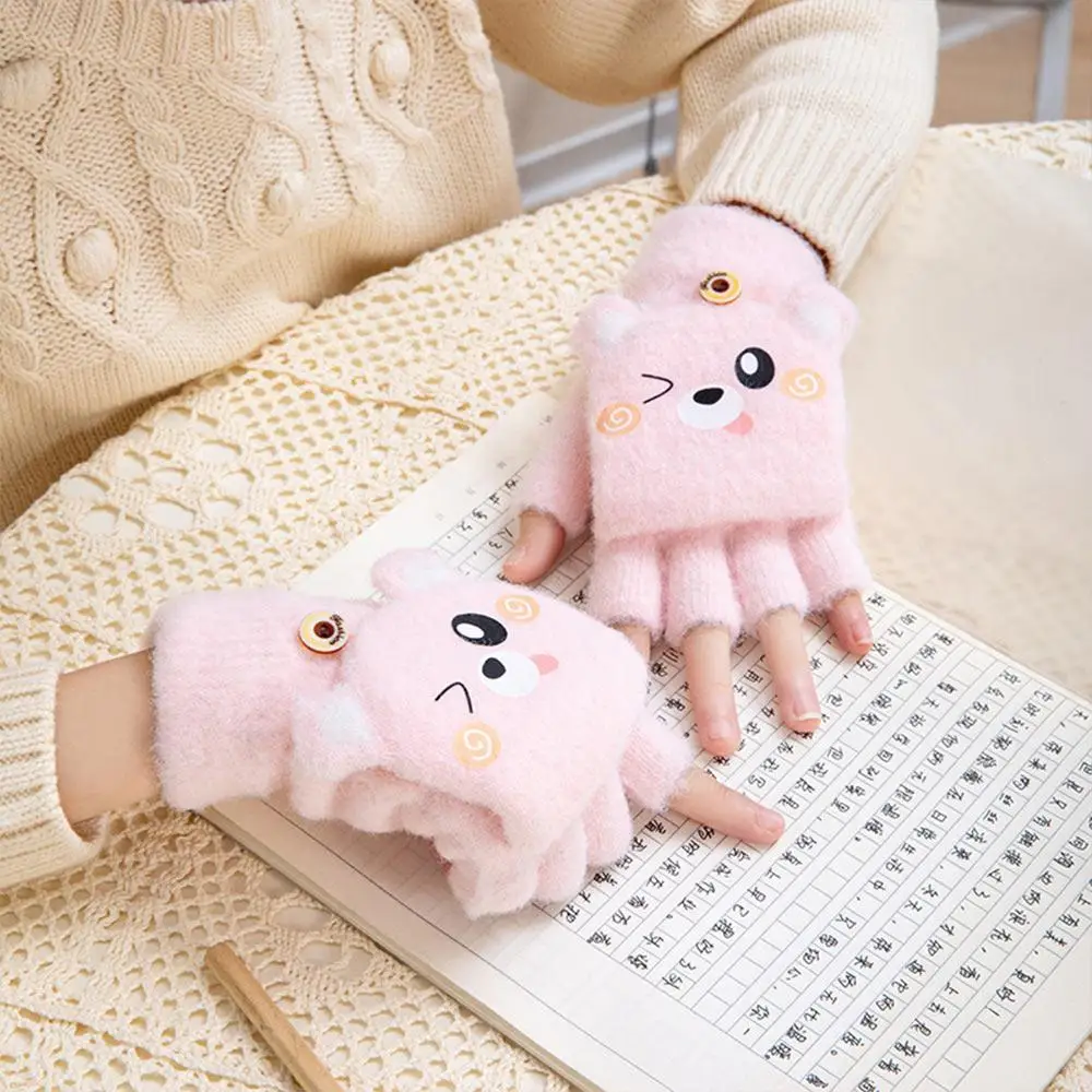 Capybara Kids Winter Gloves Mink Fleece Thickened Student Half-Finger Flip Gloves Cartoon Warm Knitted Mittens for Boys Girls