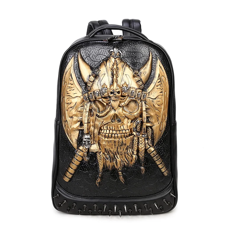 

3D Pirate Captain Skull lifelike Embossing Rivet Black Satchel Backpack Punk Halloween Cool Leather laptop Travel Soft Bags