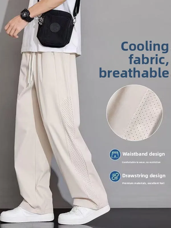 

Ice Silk Men's Summer Lightweight Qui Dry Cool Feeling Straight Leg Long Casual Pants Loose Wide Leg Trousers