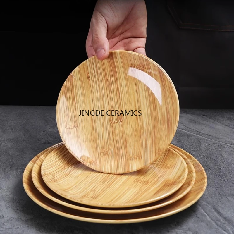 1pc Melamine Wood Grain Disc/square Disc Kitchen Melamine Tableware Plastic Fast Food Plate Japanese Style Self-service Dish