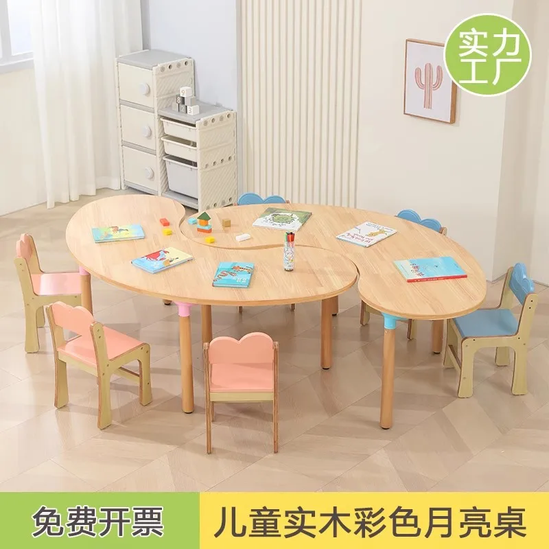 

Детский лунный стол из цельного дерева, стол для раннего образования в детском саду, комбинация стульев, цветная ручная роспись, набор учебных столов