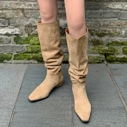 2024women's Winter New Fashion Pointed Retro Solid Color Pleated Design Western Cowboy Boots Casual Suede Women's Mid-calf Boots