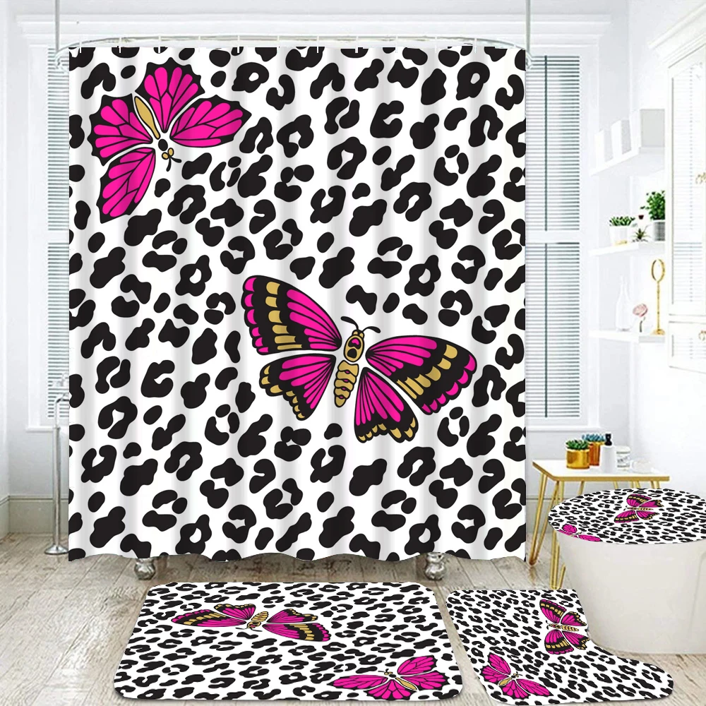 

Modern Zebra-Stripe Butterfly 3D Style Shower Curtain Floral Bathroom Curtains with Bath Rugs Toilet Cover Carpet Set Home Decor