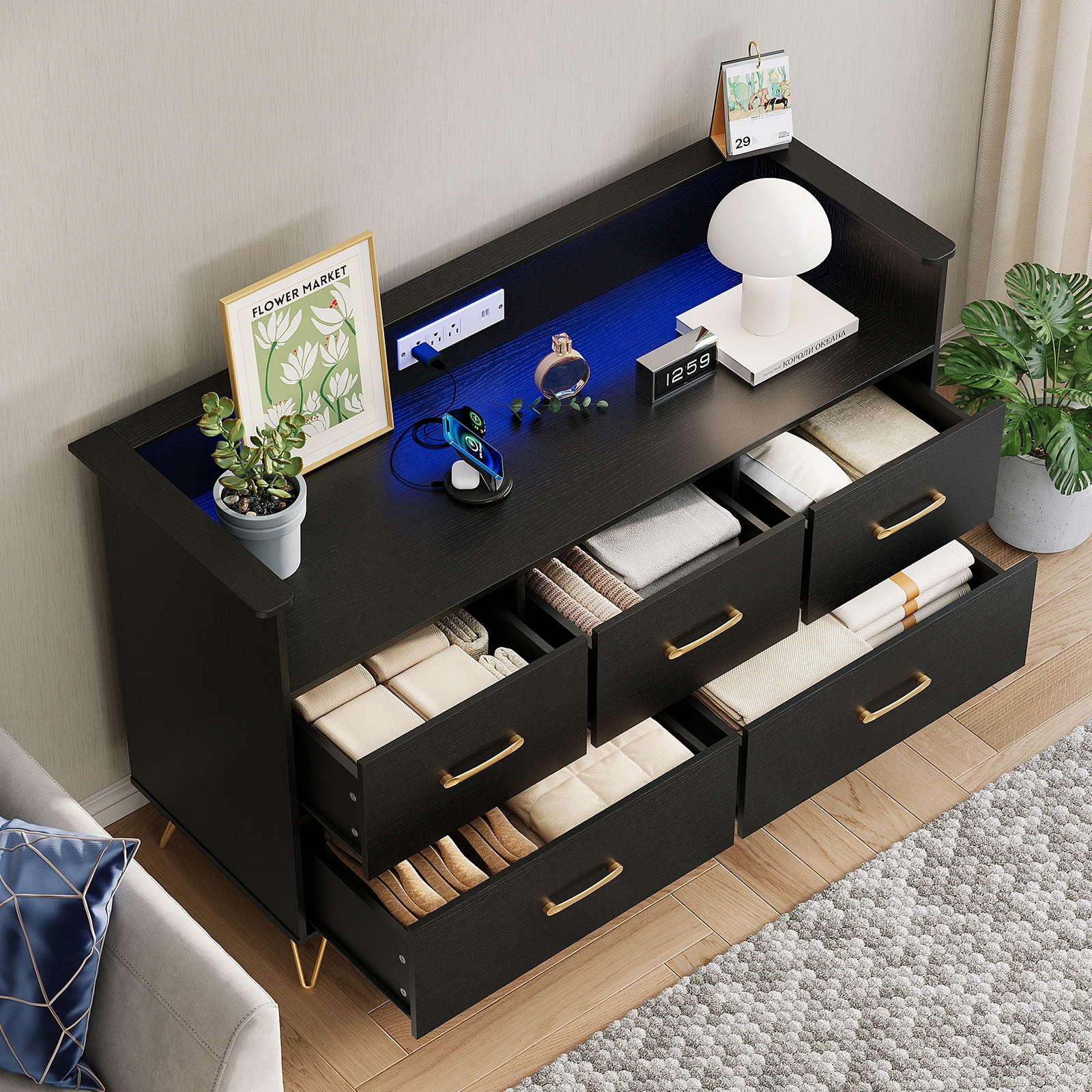 Wide 5 Drawer Dresser for Bedroom Black Double Chest of Drawers with Raised Edge Modern Large Storage Organizer TV Stand Living Room Hallway Entryway Closet MDF Wood