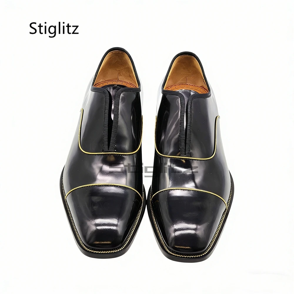 

Black Patent Leather Dress Shoes Slip On Elegant Stylish Business Shoes Men's Small Square Toe Wedding Male Social Shoes